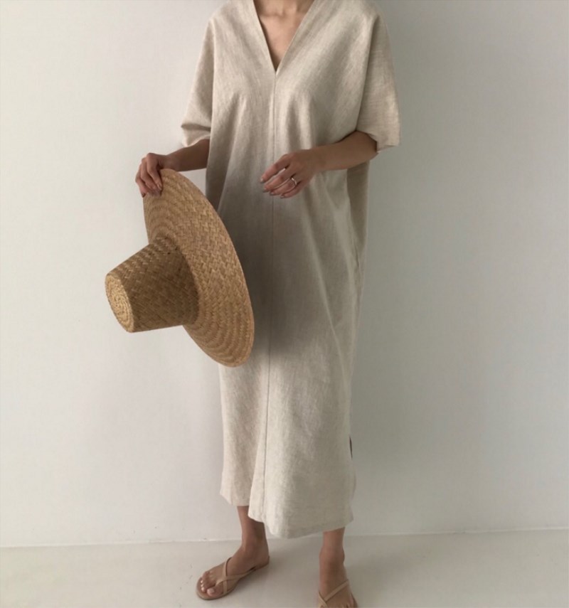 ロングワンピース 大人気 麻混リネン ブイネック半袖マキシワンピース