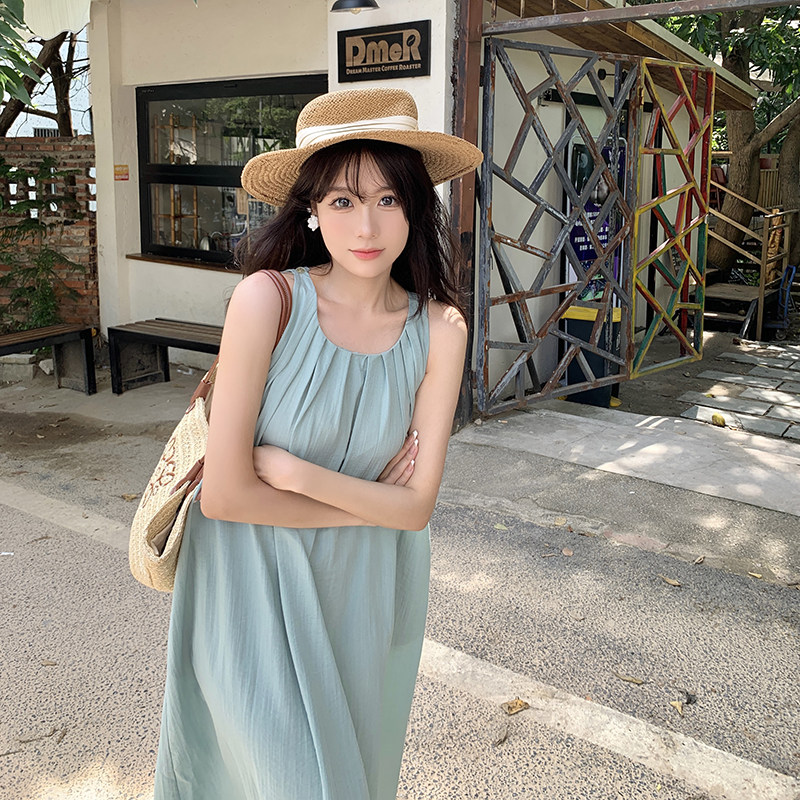 ロングワンピース キャミ 涼感ギャザーネックロングキャミワンピース