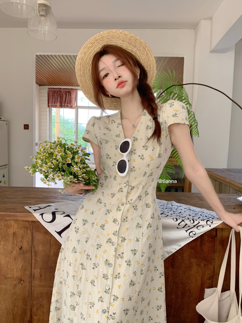 ロングワンピース シャツ 小花柄フロントボタン半袖ロングワンピース