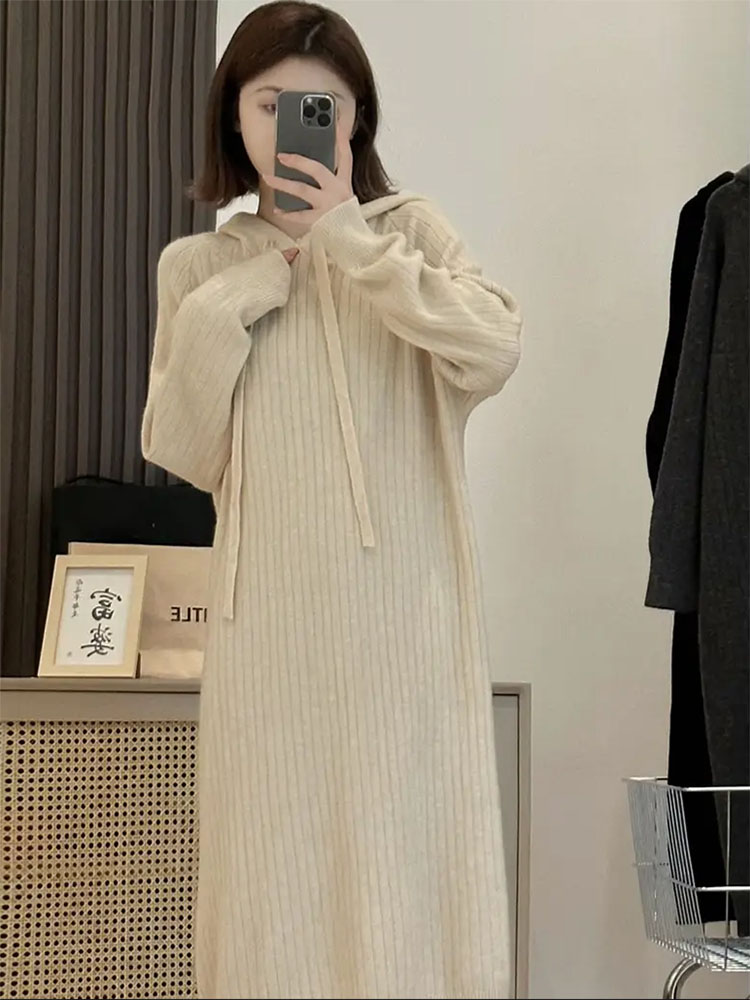 ロングワンピース リブ編みフード付きニットワンピース