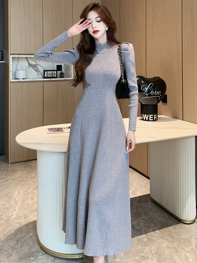 ロングワンピース ニット 優美なシルエット立ち襟ロングニットワンピース