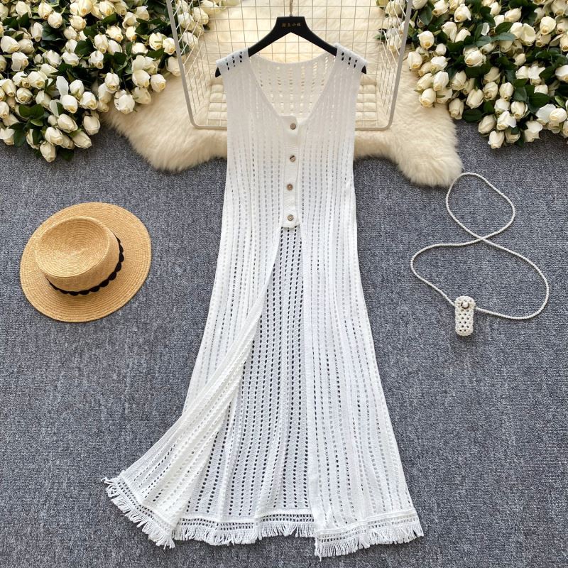 ロングワンピース 透かし編みかぎ編みニットノースリーブワンピース