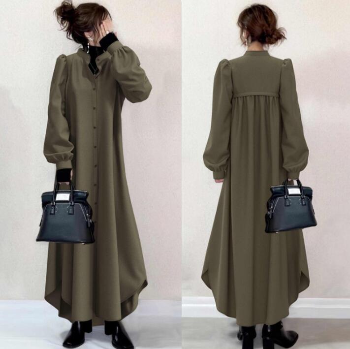 ロングワンピース 秋冬新作 ゆったりマキシワンピース 不規則裾シャツ型