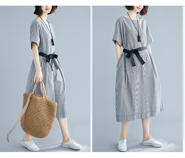 ロングワンピース 体型カバー綿麻フレアロング丈ギンガムチェックワンピース