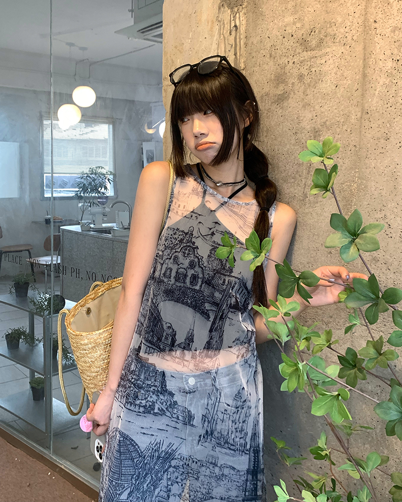 ロングワンピース レース 建築風景柄シアー素材キャミソールロングワンピース