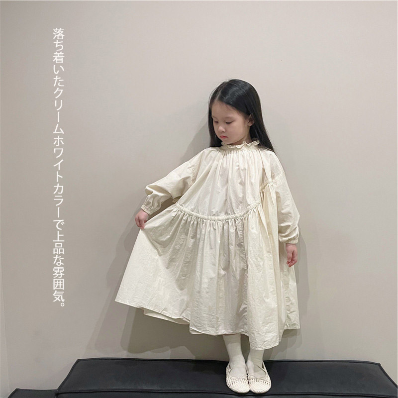 キッズ女の子 韓国風ふんわりロングワンピース 長袖フリルネック