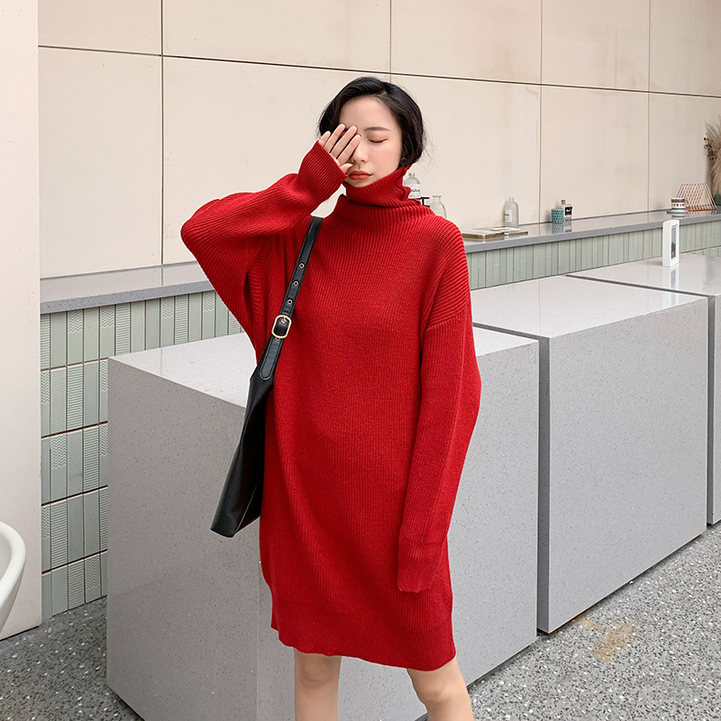 ロングワンピース タートルネック ゆったり袖のリブ編みタートルネックニットワンピース