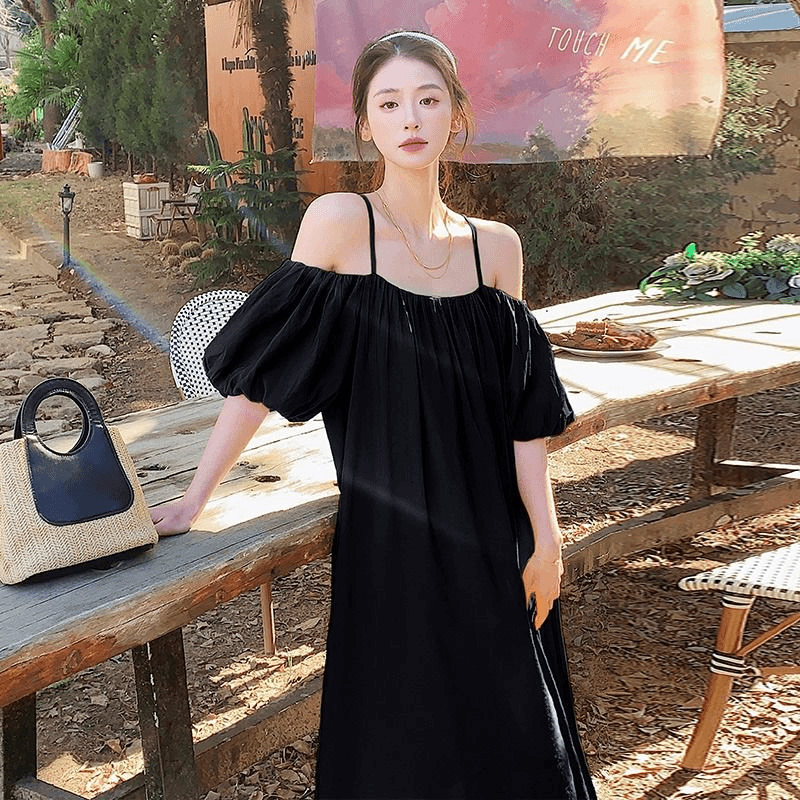 ロングワンピース キャミ オフショルダーパフスリーブロングワンピース