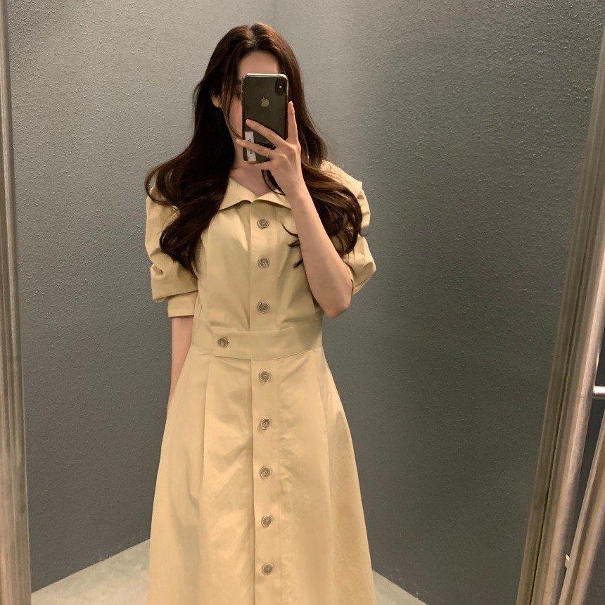 ロングワンピース 春新作高級感ウエストギャザーフレアワンピース