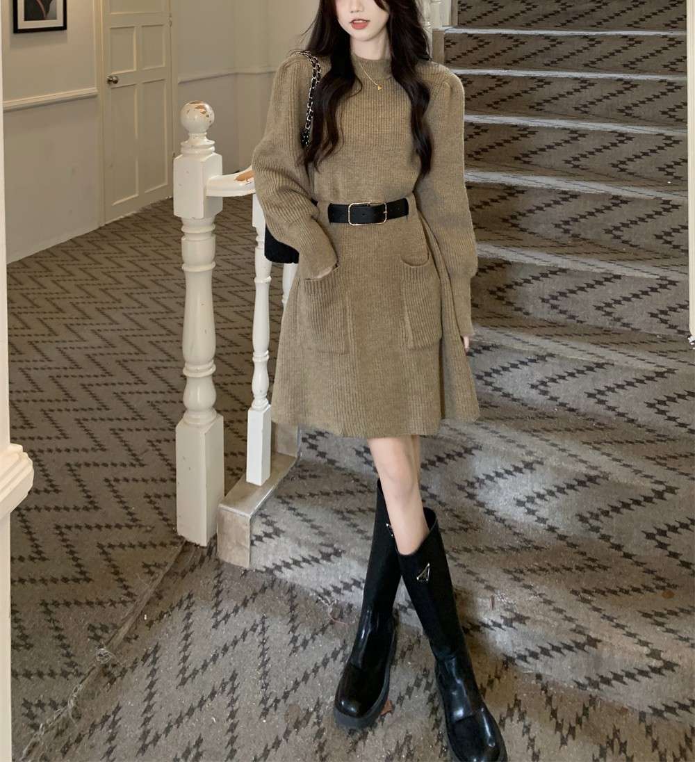 ロングワンピース ゆるふわベルト付きニットワンピース