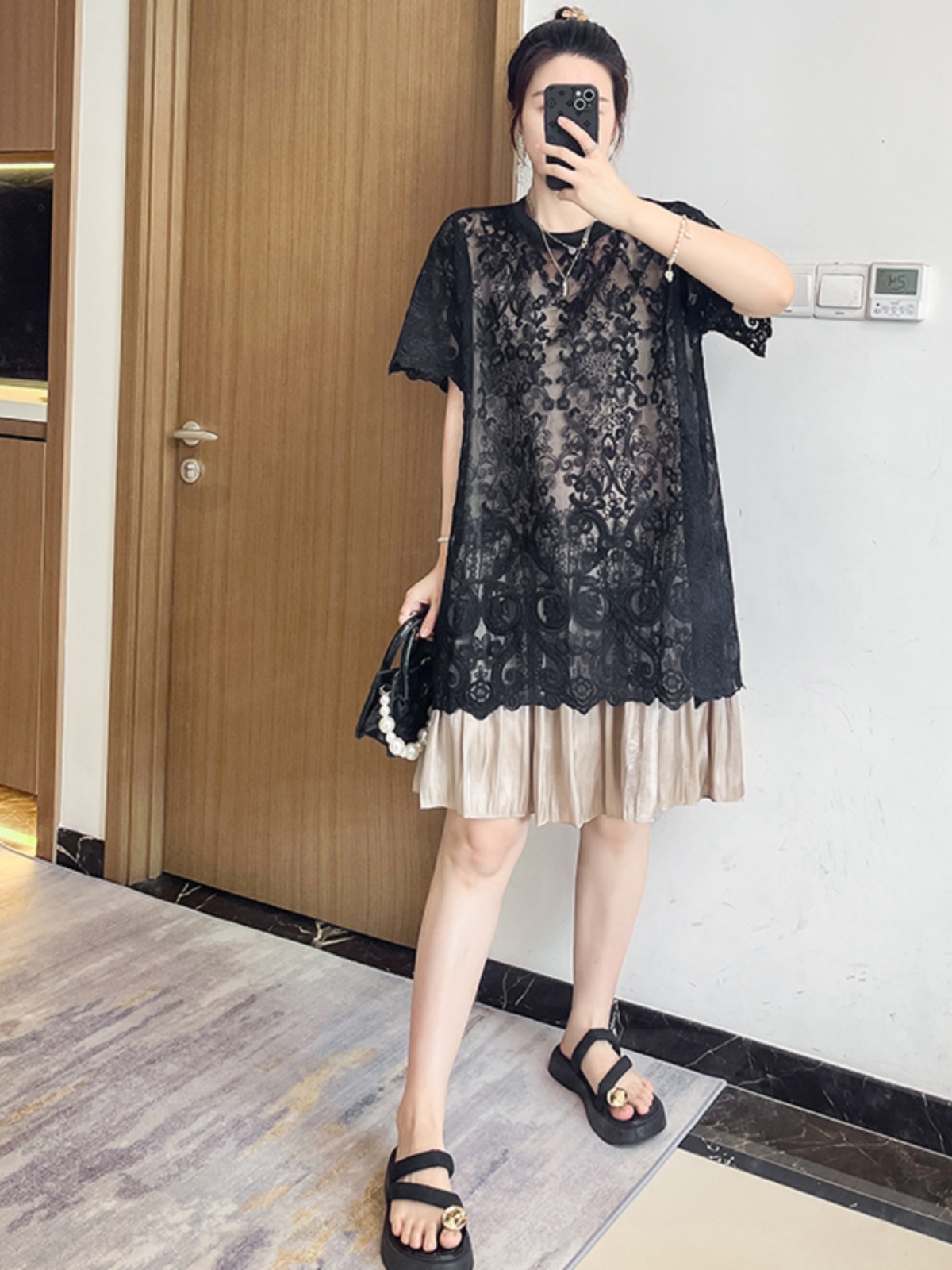 ワンピース レース 透かし模様レイヤードワンピース