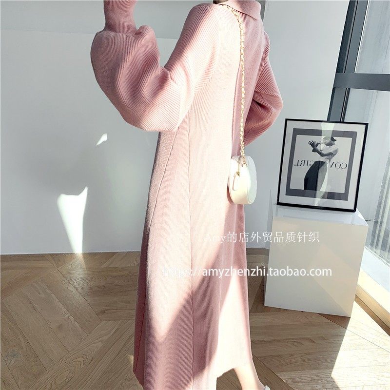 ロングワンピース ポロ 襟付きニットリブ編み長袖前開きロングワンピース