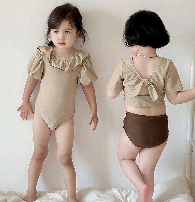 ロングワンピース キッズ女の子 フリル襟付き水着 セパレート型 温泉対応