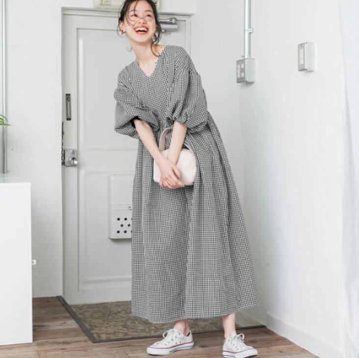 ロングワンピース レディース チェック柄シャツワンピース 日系高級感