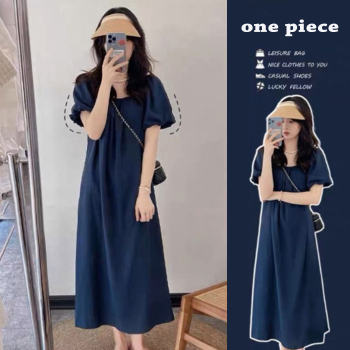 ロングワンピース 新作レディース紺色フレア袖ロング丈ワンピース