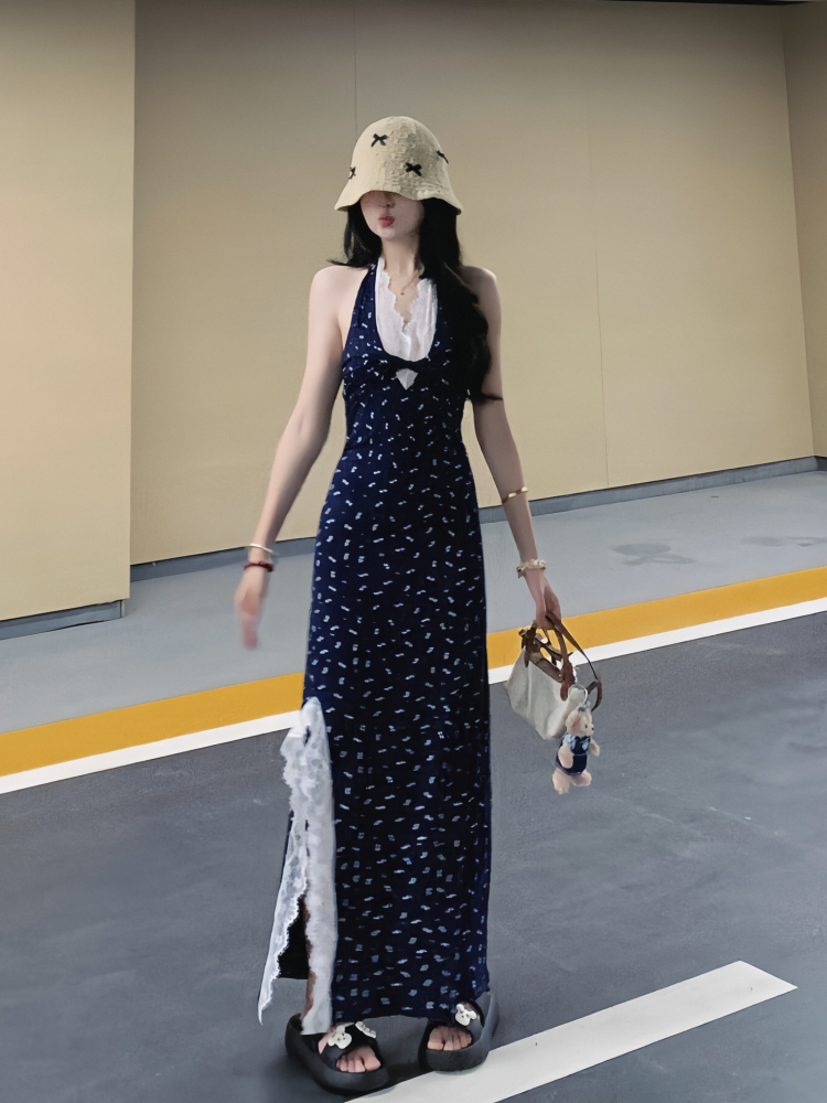 ロングワンピース レース リボン模様 サイドレース ロングワンピース