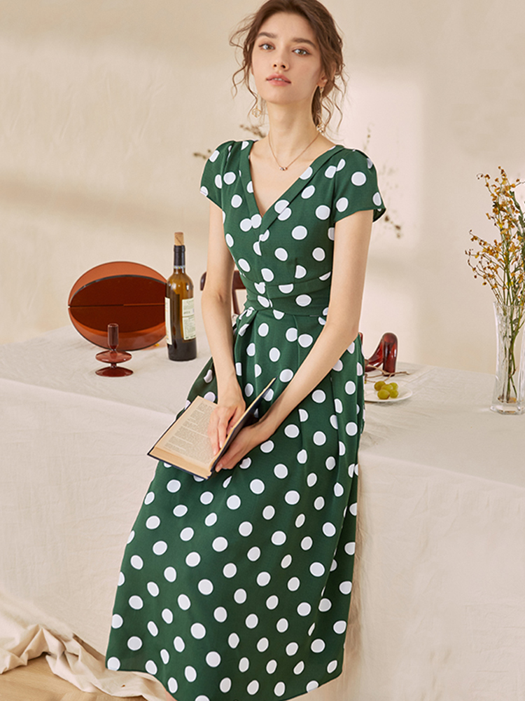 ロングワンピース シャツ 水玉模様巻き風半袖ロングワンピース