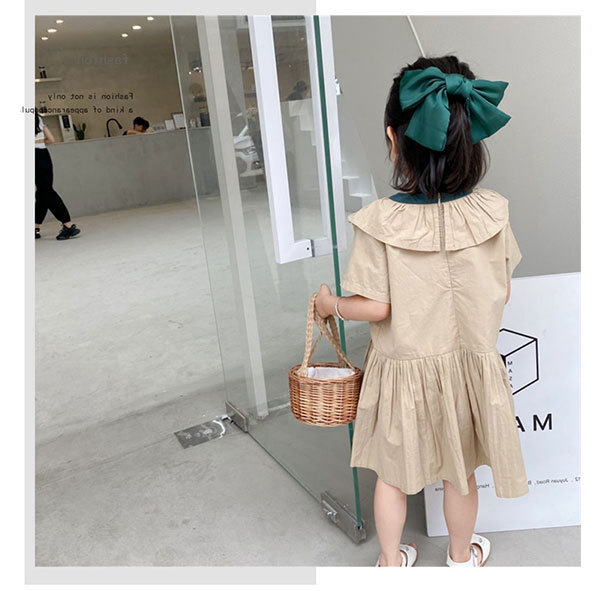 韓国風キッズ女の子フリル襟ギャザーロングワンピース