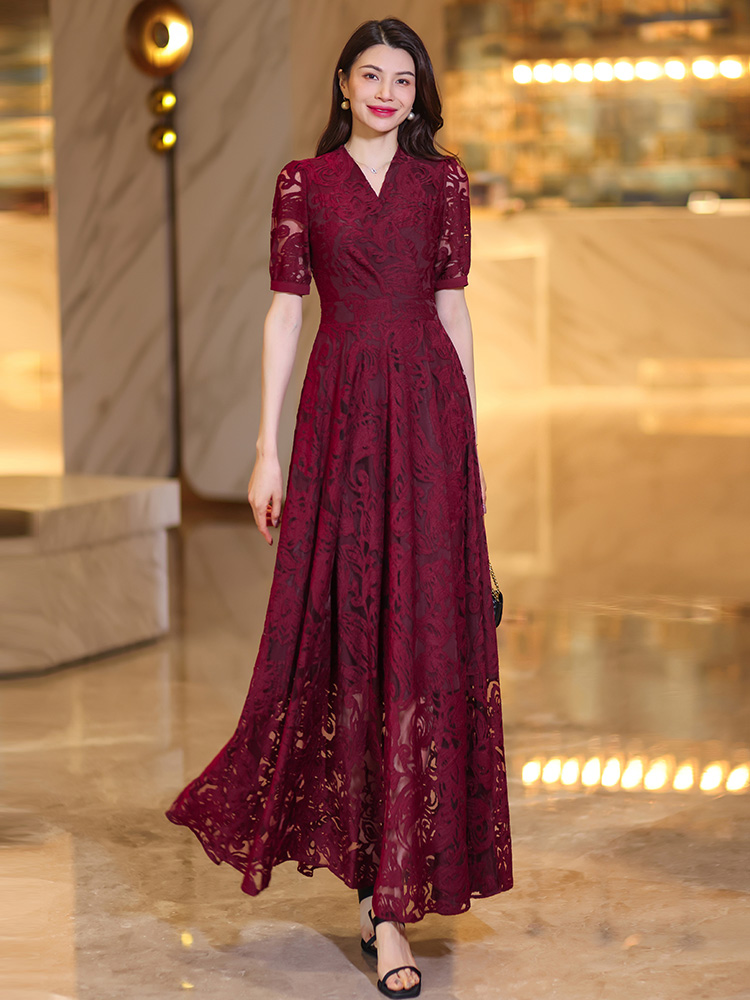 ロングワンピース レース 優美花柄透かしレースロングワンピース