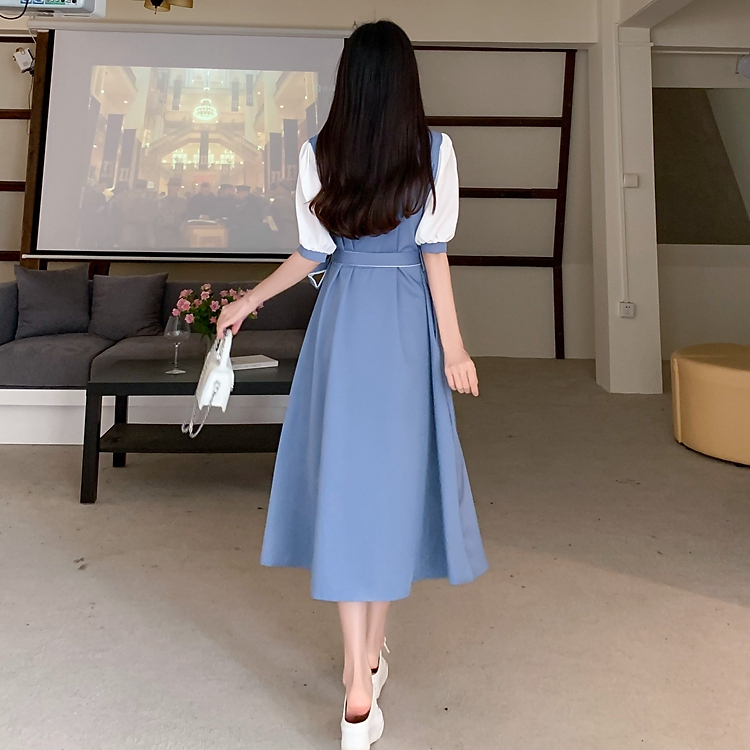 配色切替え襟付きウエストリボンロングワンピース