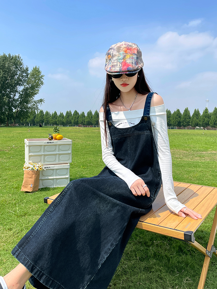 ロングワンピース デニム ナチュラルサロペットワンピース