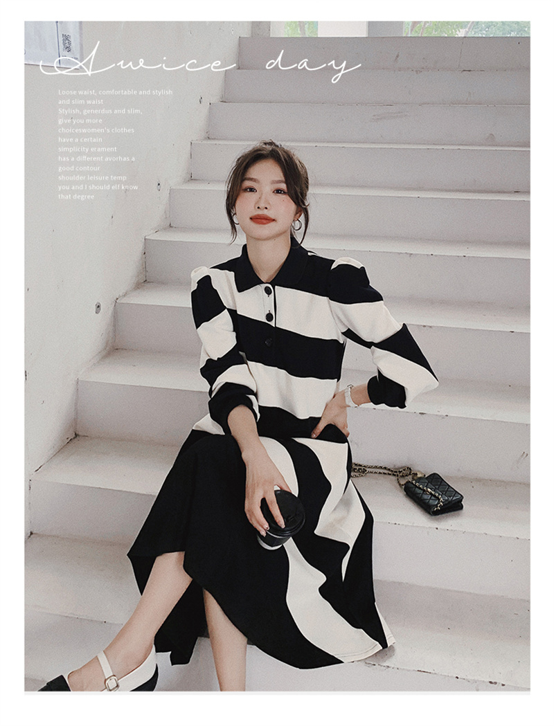 ロングワンピース ゆったりポロシャツワンピース ストライプ柄 上品な黒白ロング丈