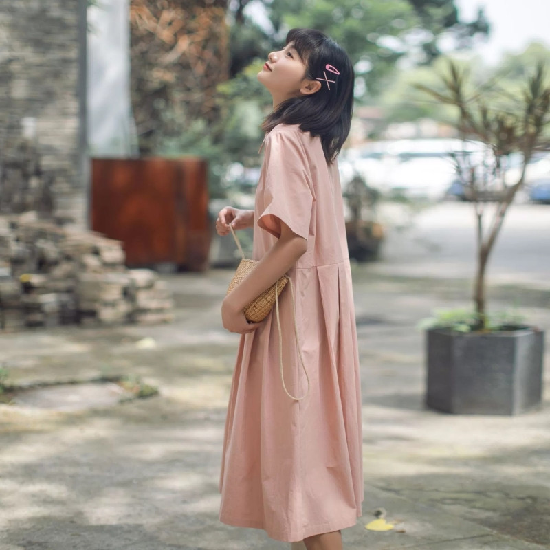 ロングワンピース シャツ 半袖襟付きボタン前開きふんわりロングワンピース