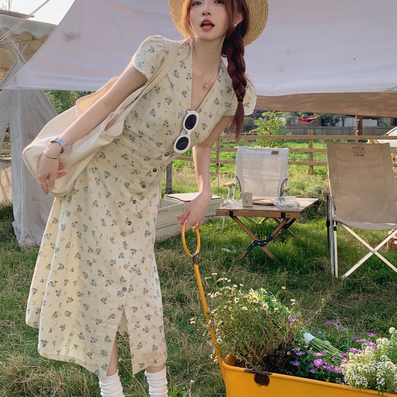 ロングワンピース シャツ 小花柄フロントボタン半袖ロングワンピース