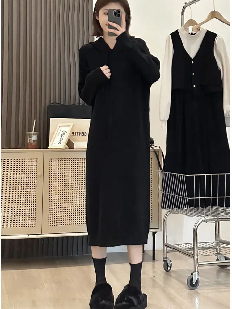 ロングワンピース リブ編みフード付きニットワンピース