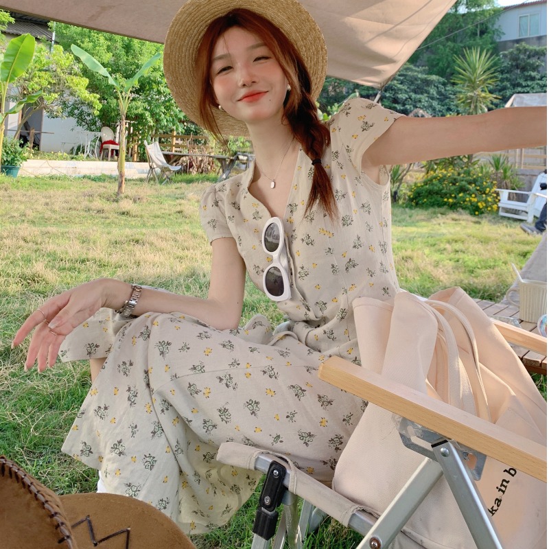 ロングワンピース シャツ 小花柄フロントボタン半袖ロングワンピース