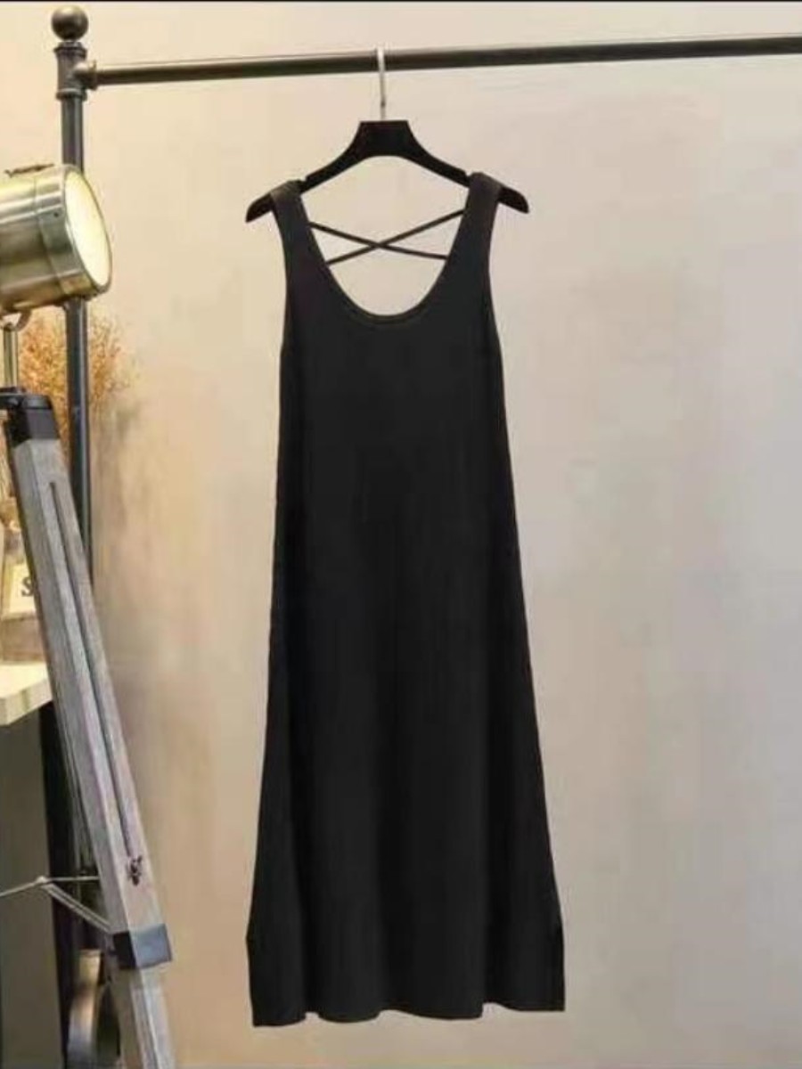 ロングワンピース ニット シンプル上品リブ編みノースリーブワンピース