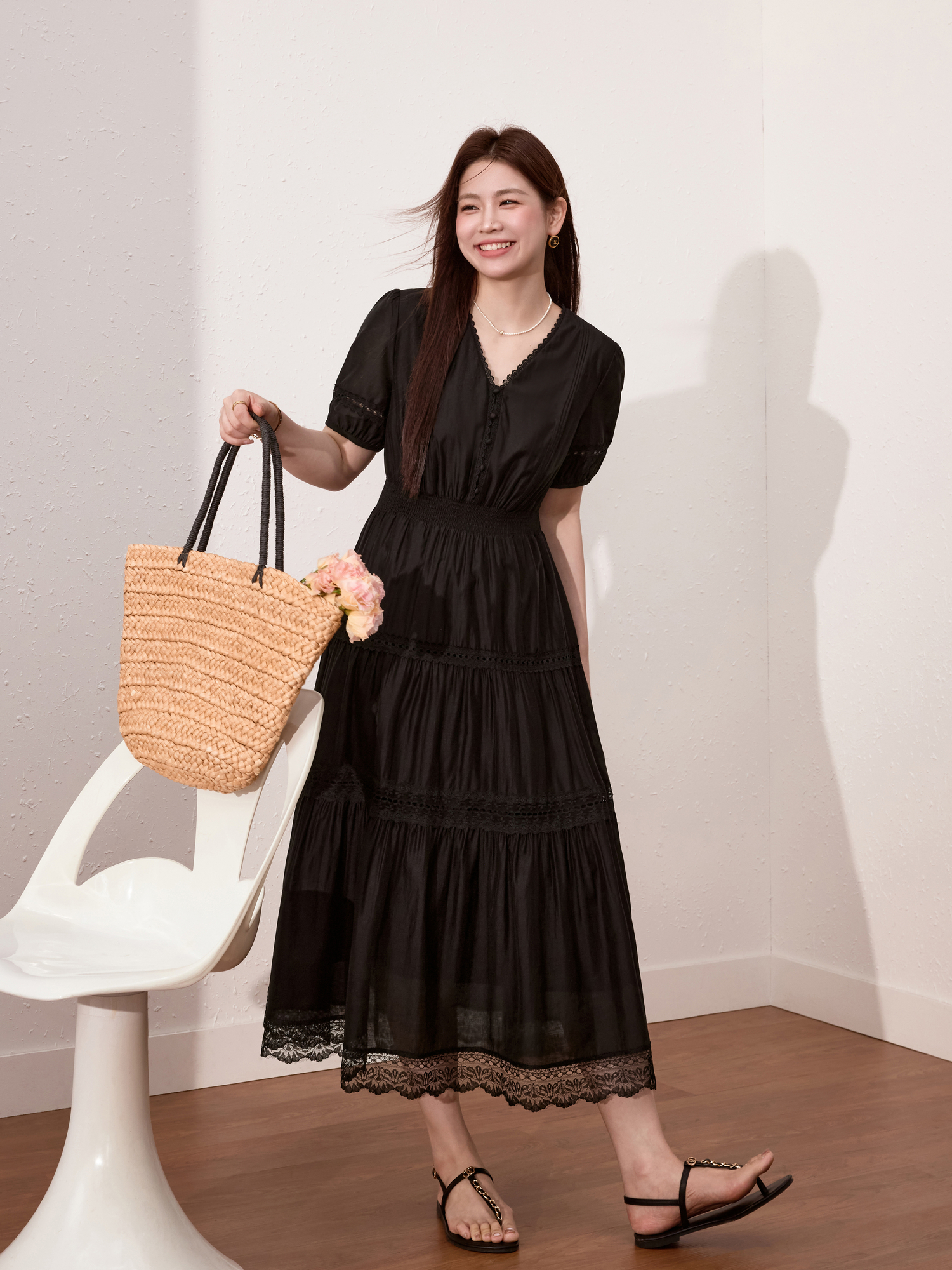 ロングワンピース レース 優美レース切替ティアードワンピース
