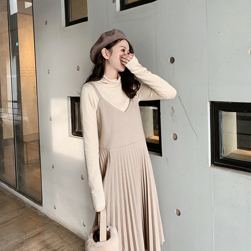 ロングワンピース タートルネック 重ね着風プリーツスカートタートルネック長袖ワンピース