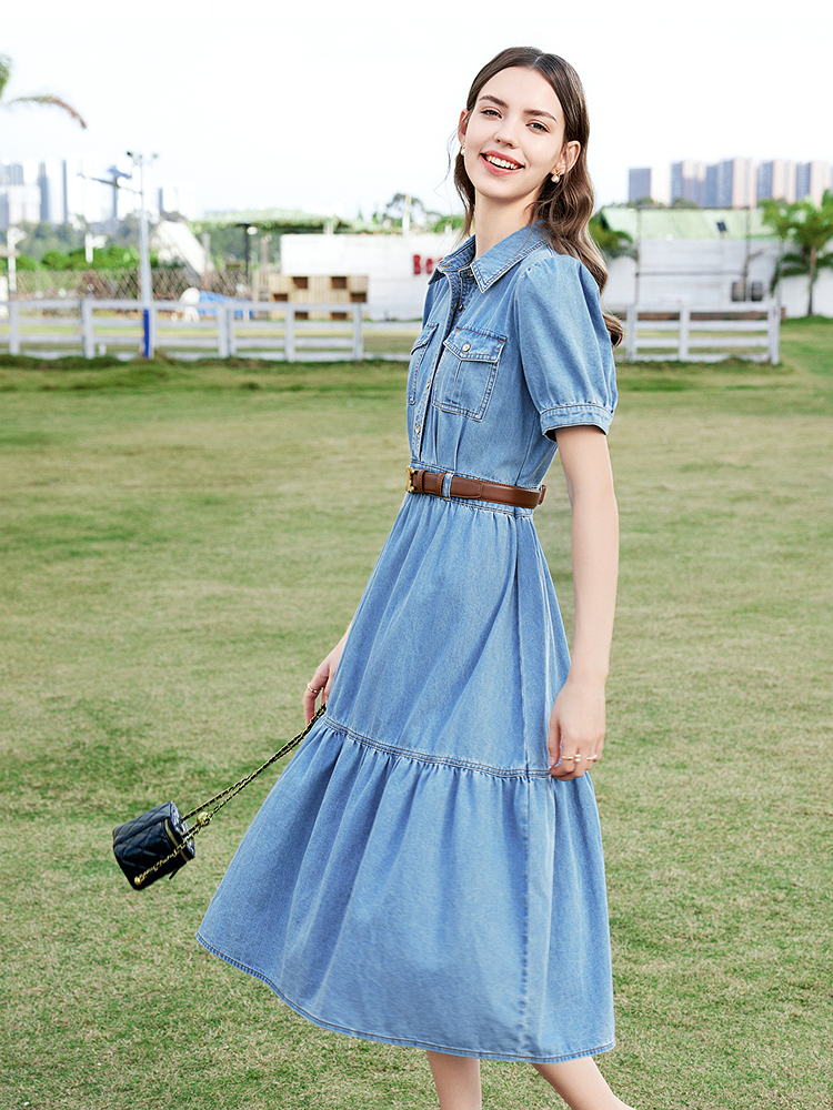 ロングワンピース デニム ティアード切替シャツ風ロングワンピース