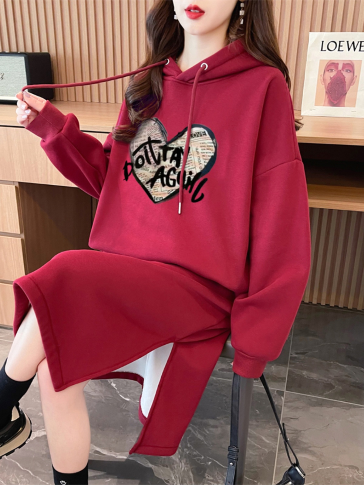 ロングワンピース スウェット ハートロゴ ゆったりパーカーワンピース