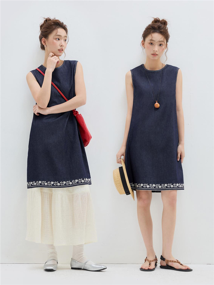 ワンピース レース 刺繍裾デニムノースリーブワンピース