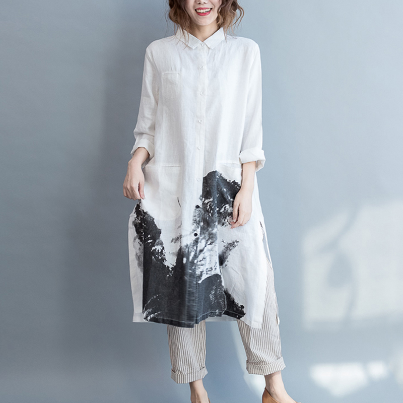 ロングワンピース 墨絵風プリント襟付きロングシャツワンピース