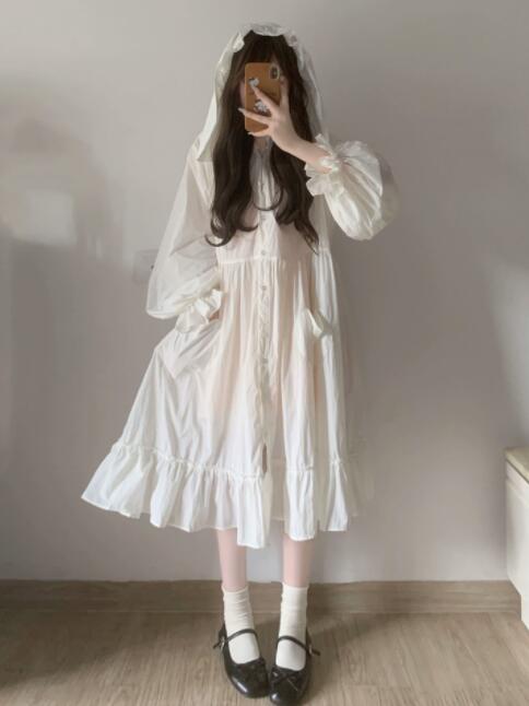ロングワンピース フリル付き薄手パーカーワンピース 紫外線カット ロリータ風