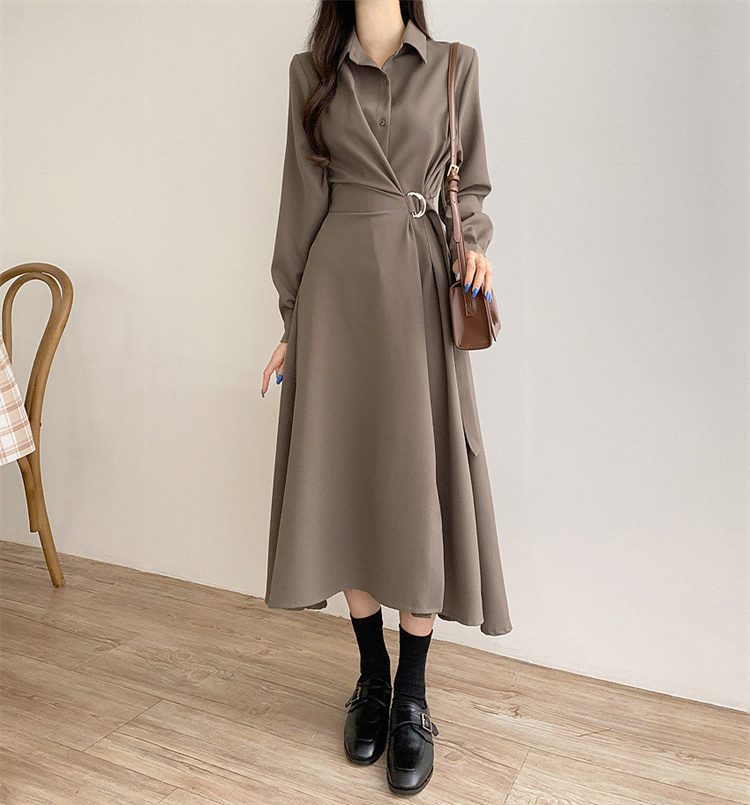 ロングワンピース 腰細見えフレア長袖ワンピース ゆったり着心地