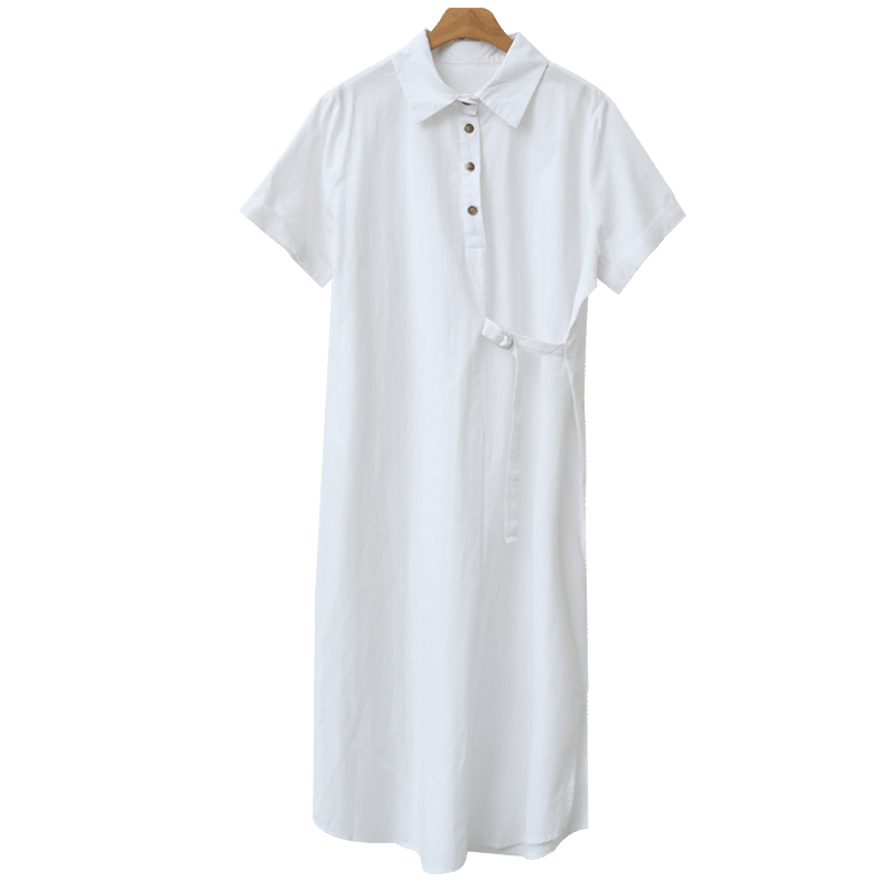 ロングワンピース シャツ 襟付き半袖ウエストリボンロングワンピース
