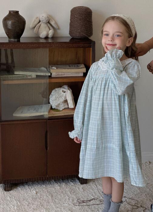 キッズ女の子チェック柄ロングワンピース レース襟付き秋冬