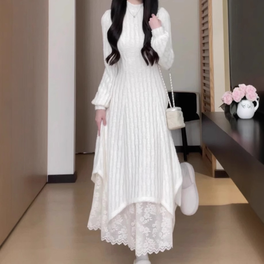 ロングワンピース レース裾切替えニットワンピース