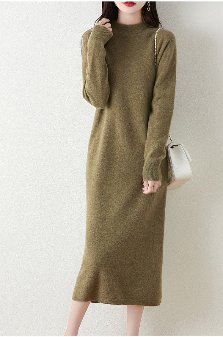 ロングワンピース 上質シンプル モックネックニットワンピース