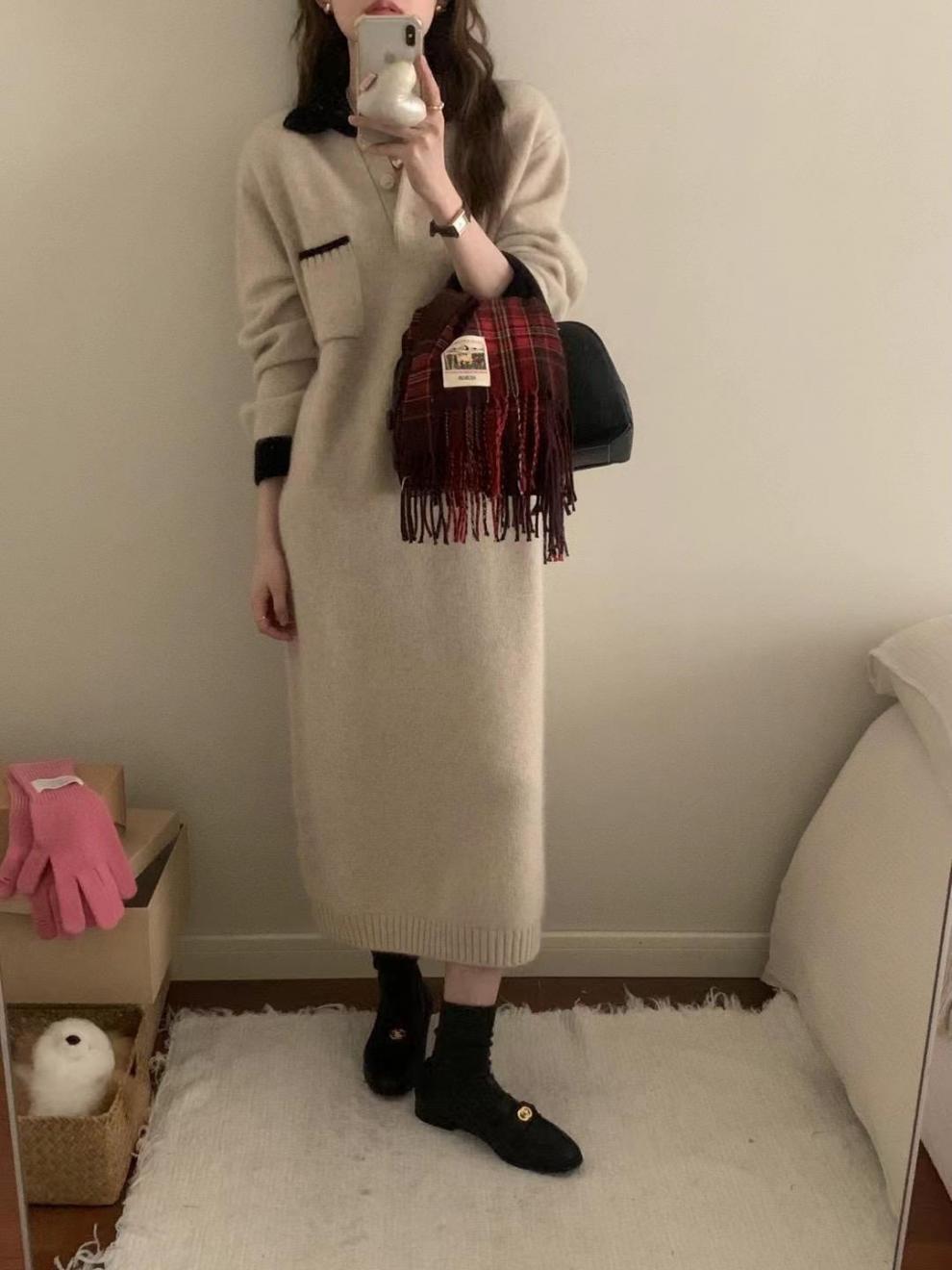 ロングワンピース お上品モールカラーあったかニットワンピース