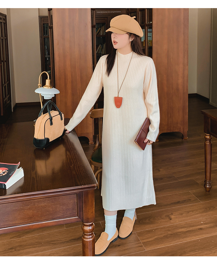 ロングワンピース ふんわり優美なリブ編みハイネックニットワンピース