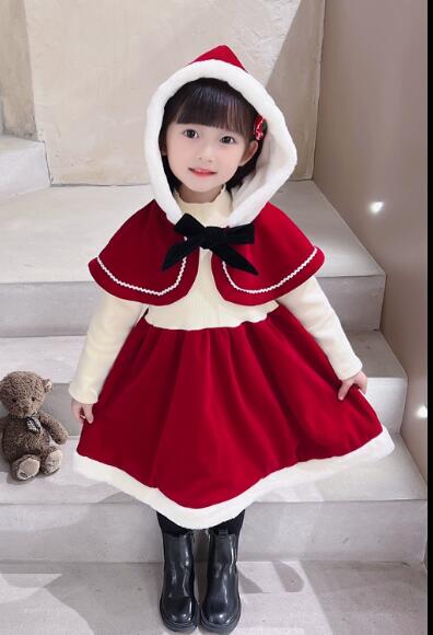 キッズ聖誕祭衣装　帽子付き肩掛けロングワンピース二点組
