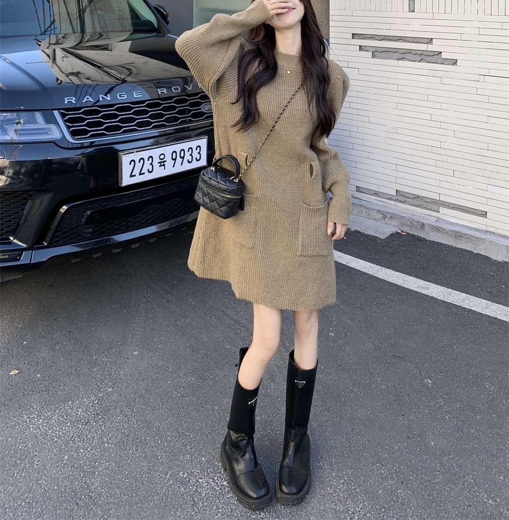 ロングワンピース ゆるふわベルト付きニットワンピース