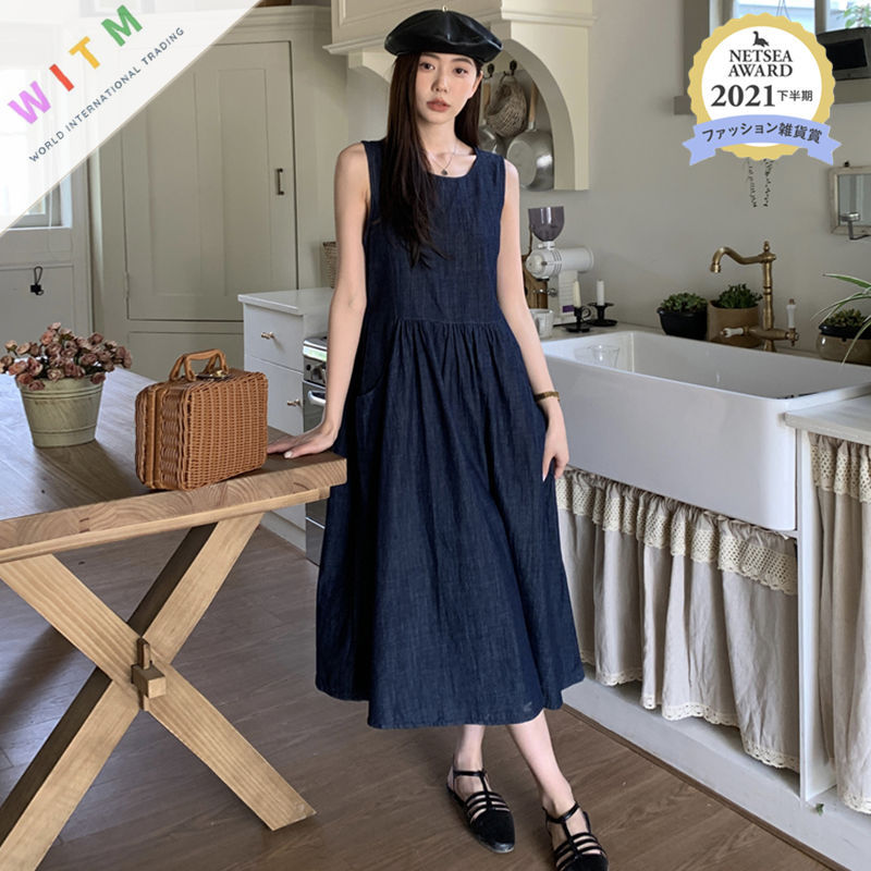 韓国風ノースリーブロングワンピース 体型カバー大人可愛い