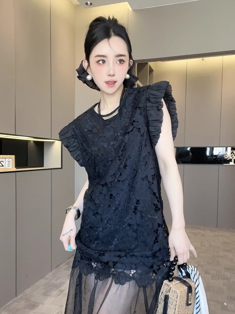 ロングワンピース レース 花柄フリルレースロングワンピース