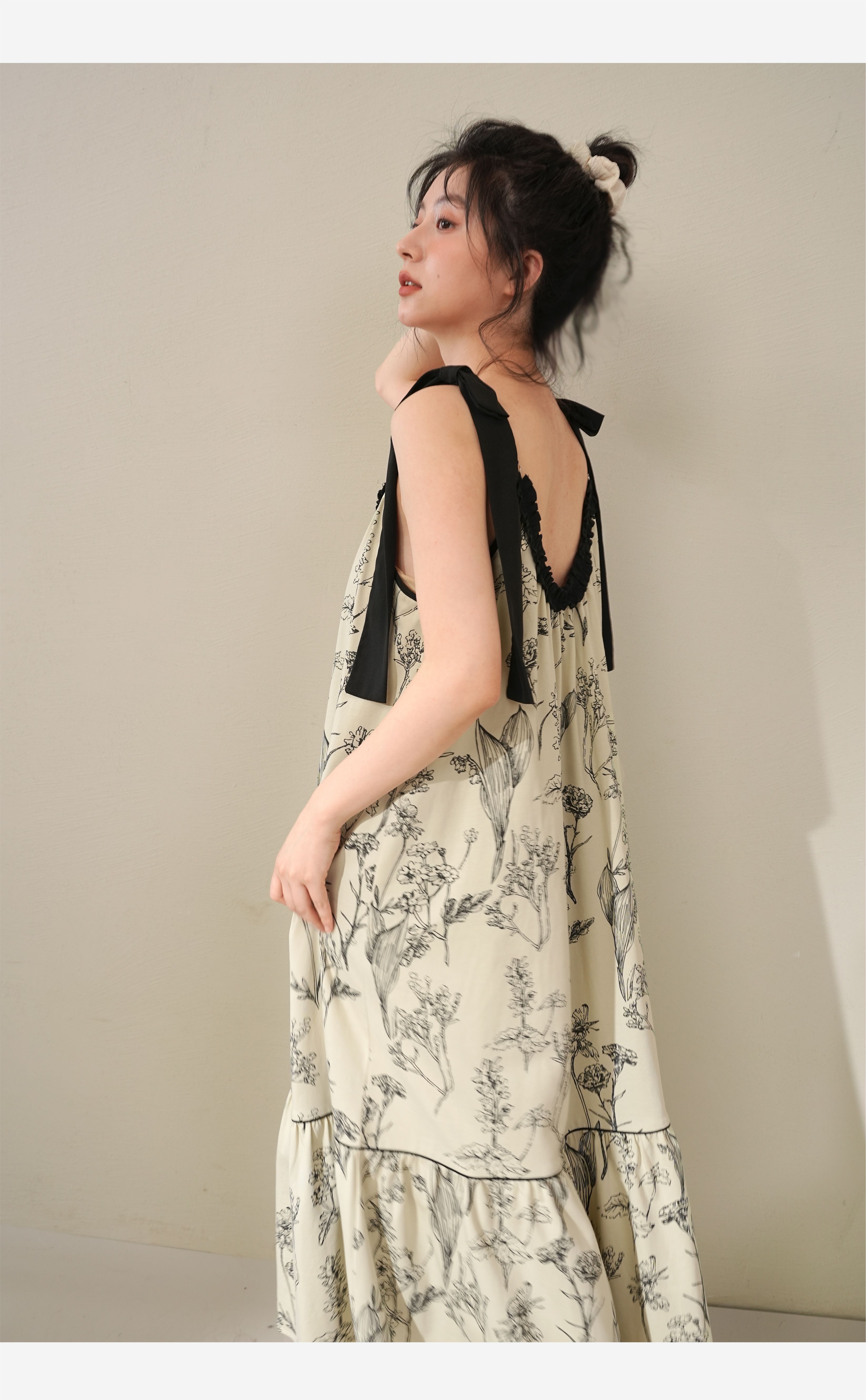 ロングワンピース キャミ 花柄リボンストラップ付きキャミソールワンピース